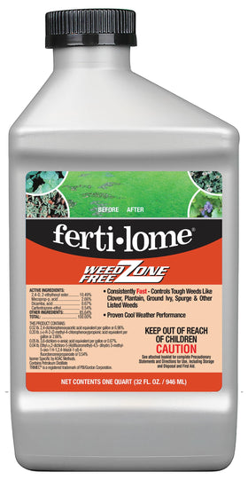 Ferti-lome Weed Free Zone bottle label highlights broadleaf weed control.