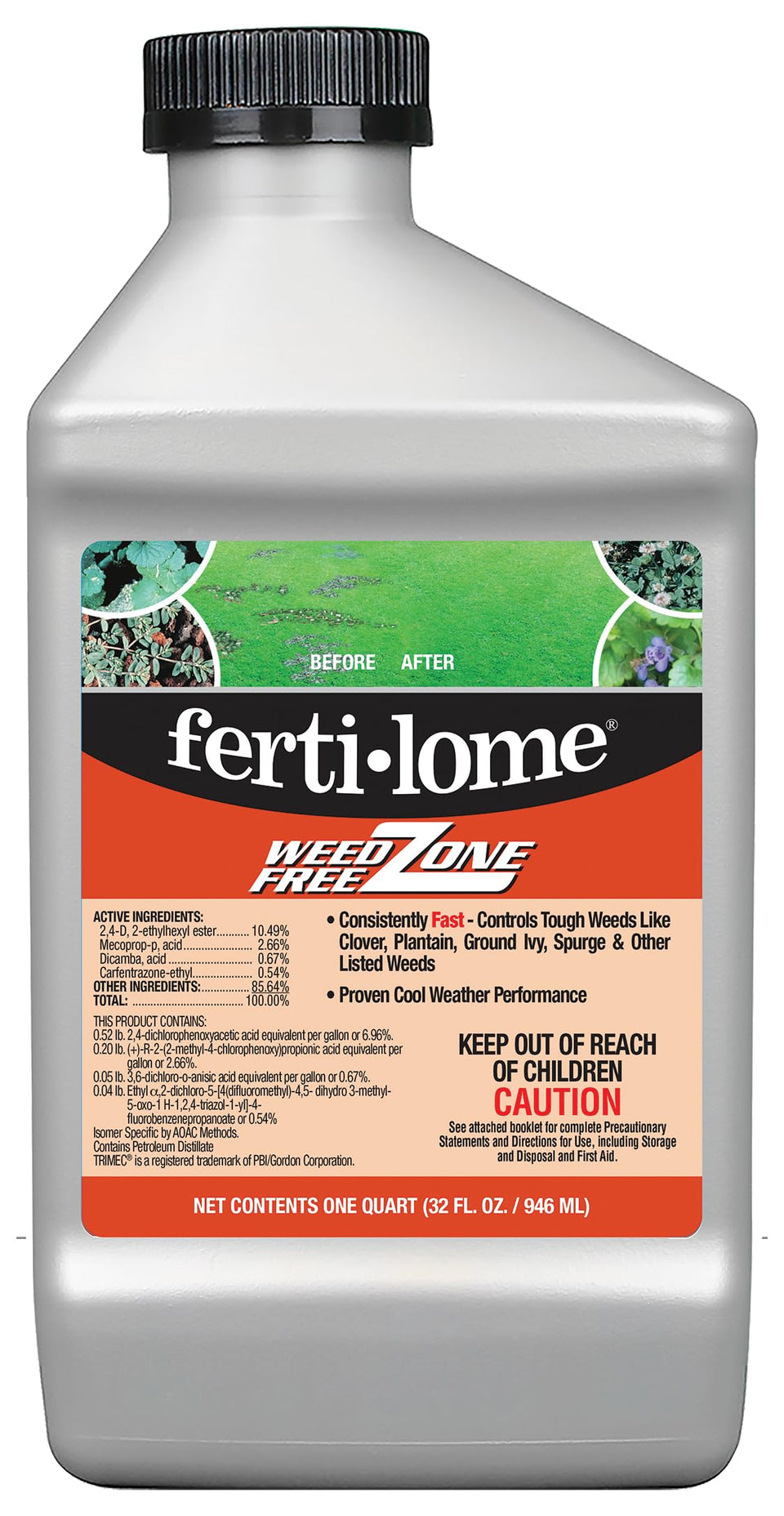 Ferti-lome Weed Free Zone bottle label highlights broadleaf weed control.