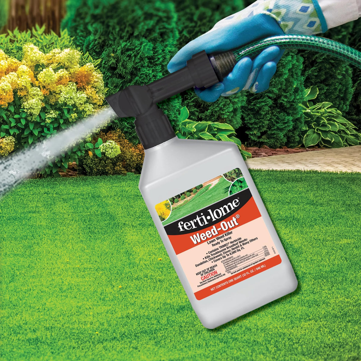 Ferti-lome Weed-Out hose-end sprayer enables easy application.