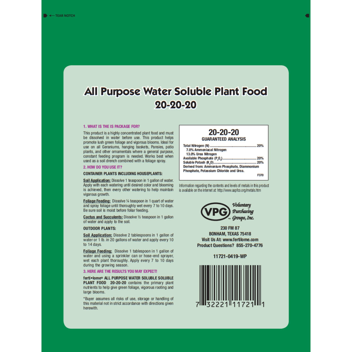 Ferti-lome 20-20-20 water-soluble plant food bottle for indoor and outdoor use