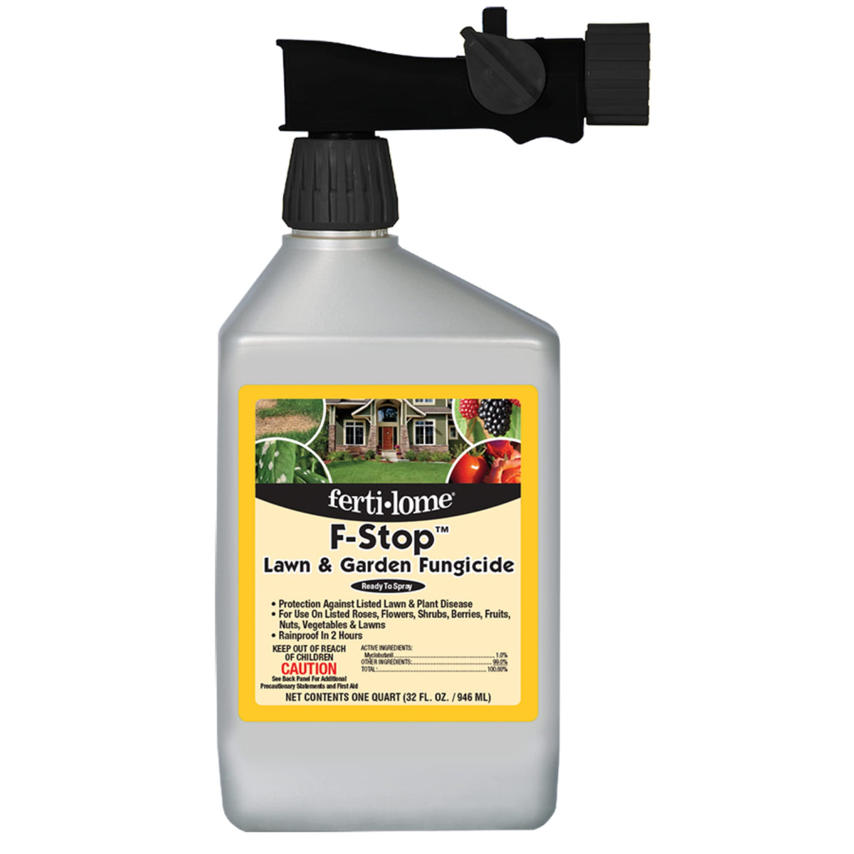 Ferti-lome F-Stop fungicide bottle, frontal view, ready for outdoor plant protection.