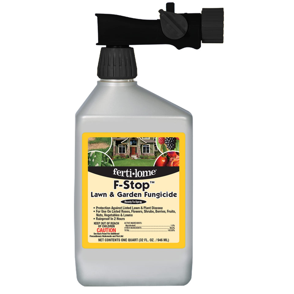 Ferti-lome F-Stop fungicide bottle, frontal view, ready for outdoor plant protection.