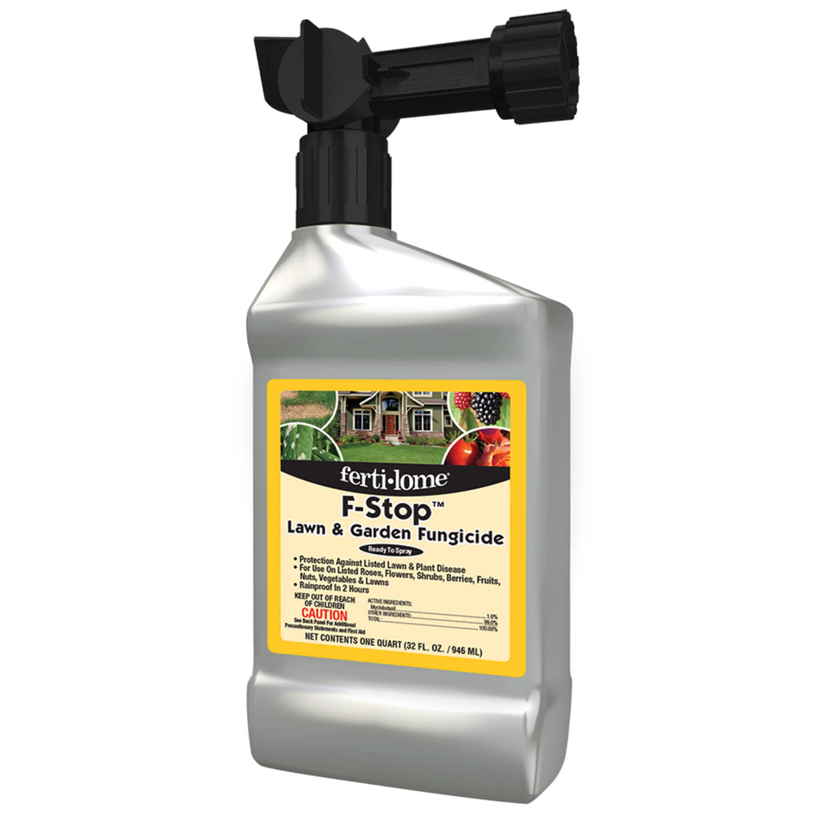 Close-up of the Ferti-lome F-Stop label highlighting outdoor disease protection for roses and vegetables.