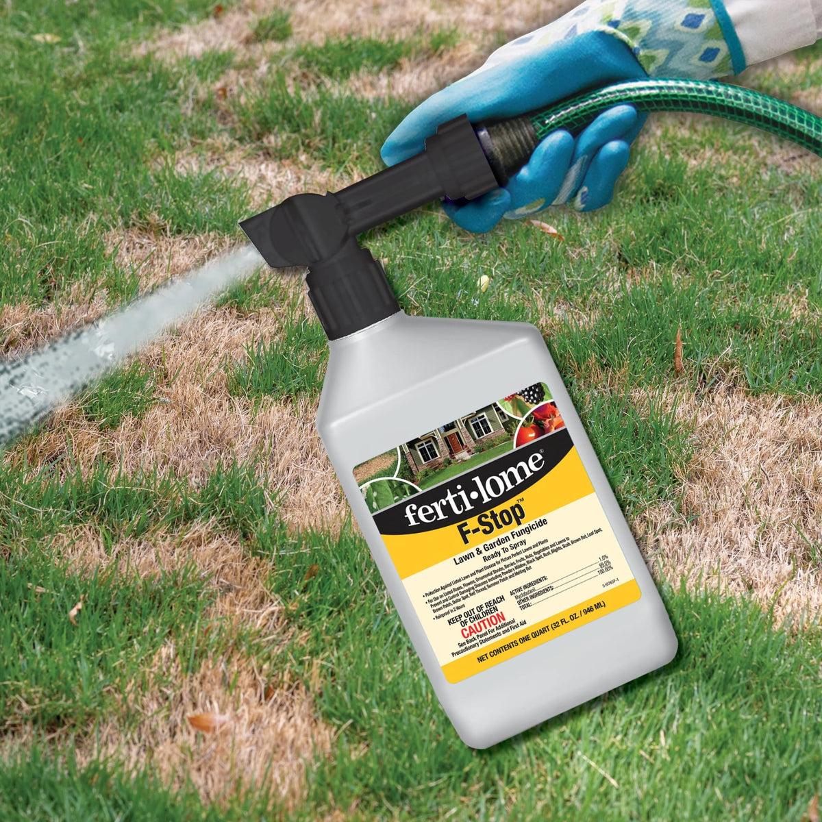 Ferti-lome F-Stop in an outdoor garden scene for preventive disease protection.