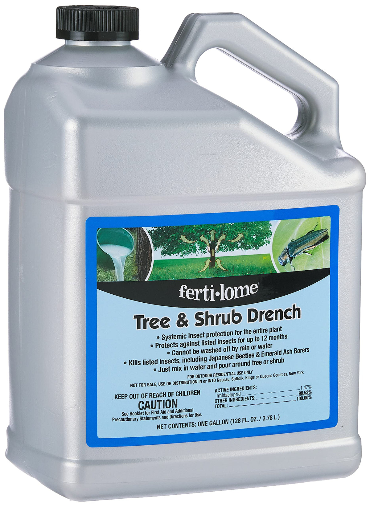 Fertilome gallon systemic insect drench bottle provides tree and shrub protection