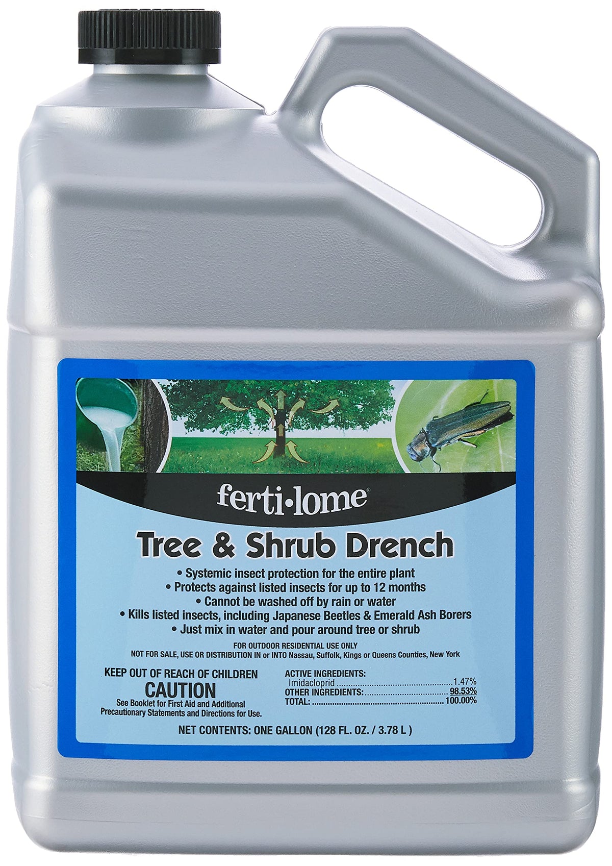 Fertilome gallon systemic insect drench label shows usage for protecting plants