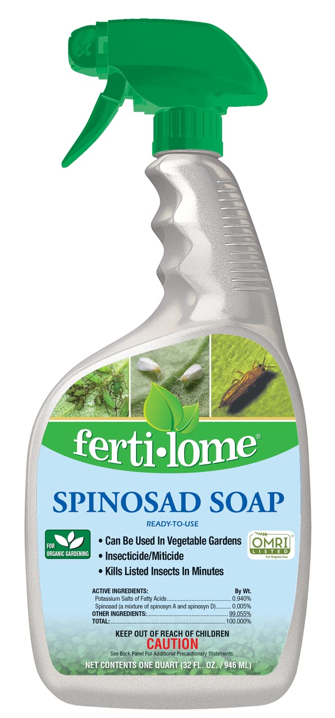 Ferti-lome Spinosad Soap bottle for garden pest control on outdoor plants.