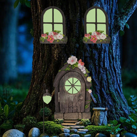 FESTGLOX fairy windows side view lights up at dusk for a whimsical garden.