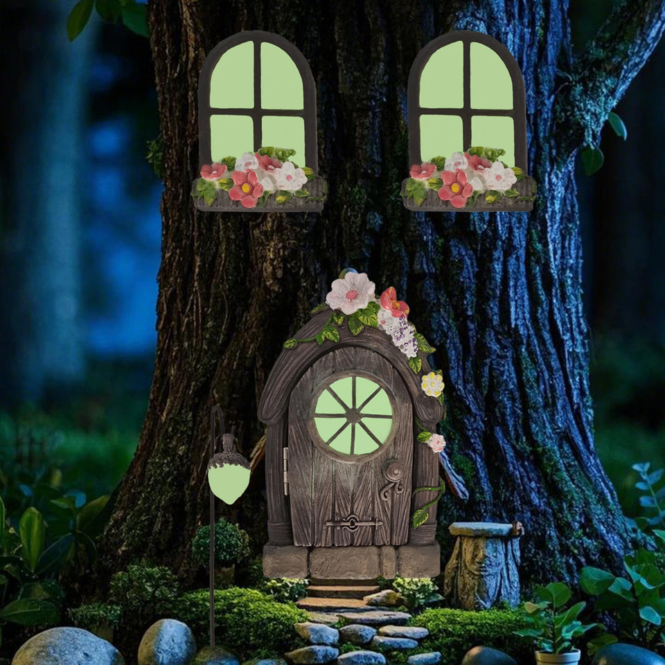 FESTGLOX fairy windows side view lights up at dusk for a whimsical garden.