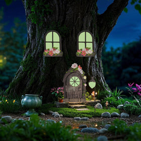 FESTGLOX garden fairy house setup enhances planters and stump decor.