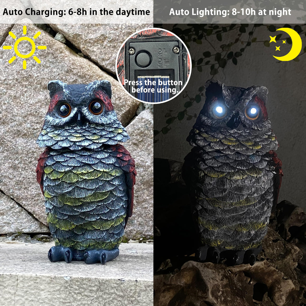 FESTGLOX solar-eyed owl lights at dusk, enhancing day and night deterrence