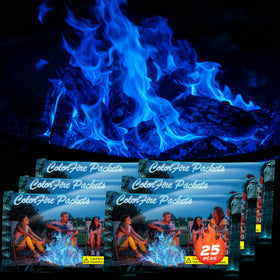 Festivalcos Colorful Flames Blue Packet adds vibrant blue hues to campfire.