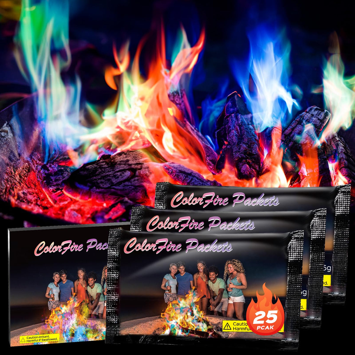 FESTIVALCOS Colorful Flames blue flame packet enhances campfire ambiance.