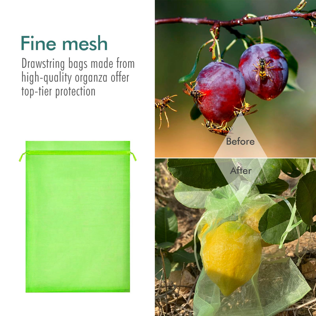 Reusable, UV-resistant Fetanten bag maintains airflow around fruit.