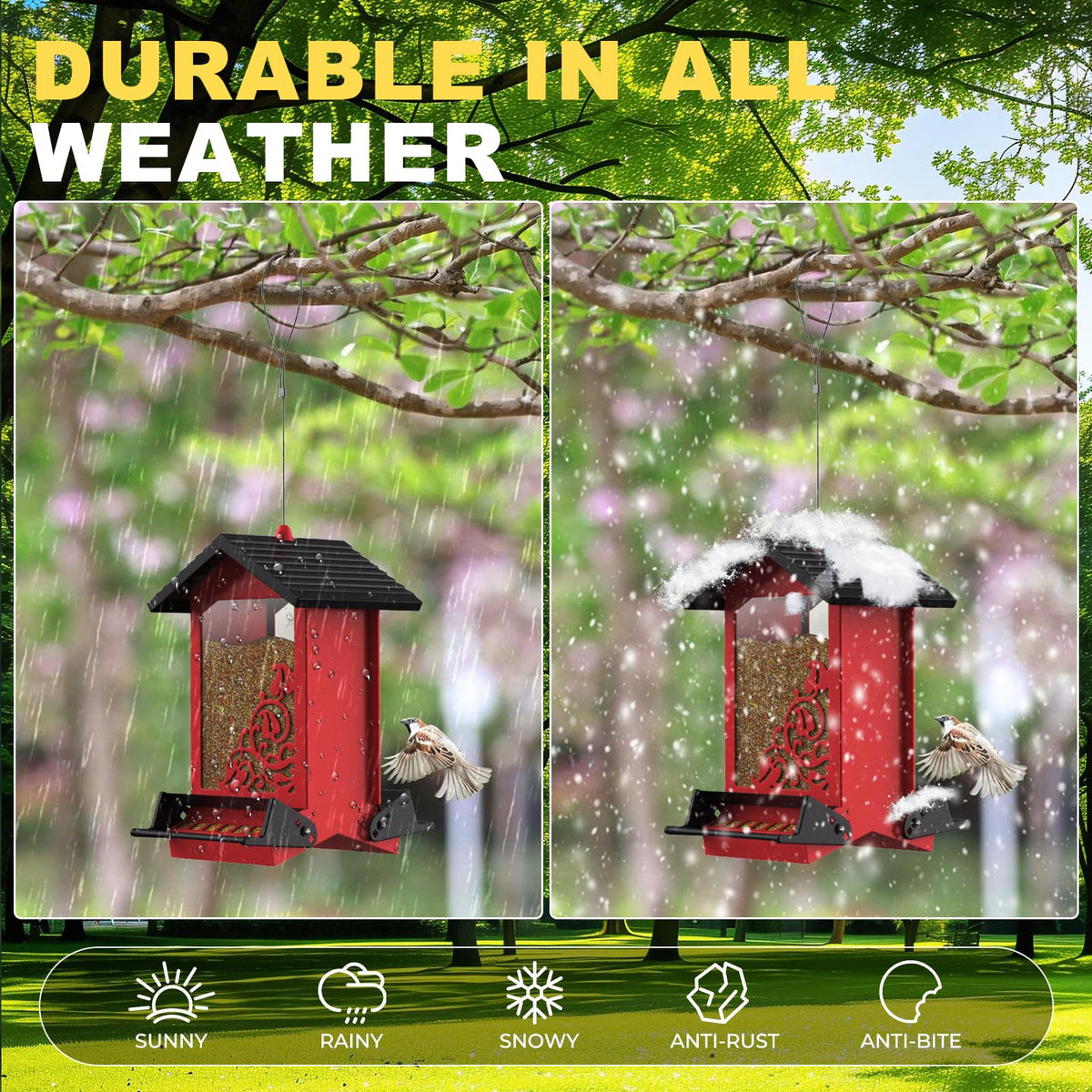 FETUSI metal bird feeder shows rust-proof coating for all-weather durability.