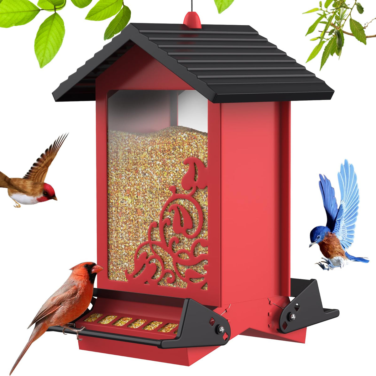 FETUSI squirrel-proof feeder side view with dual weight-activated perches for selective feeding.