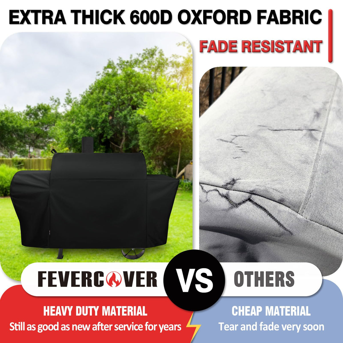 FEVERCOVER adjustable straps grill cover secures against strong winds.