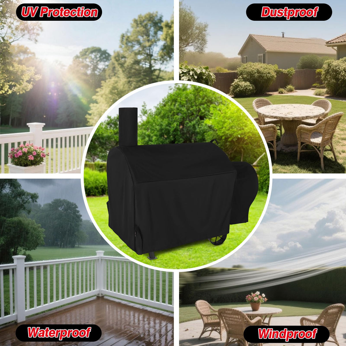 Weather-resistant design guards against rain, snow, and hail for outdoor grills.