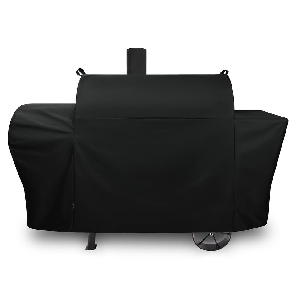 FEVERCOVER Longhorn grill cover protecting Oklahoma Joe's grill from rain and dust.