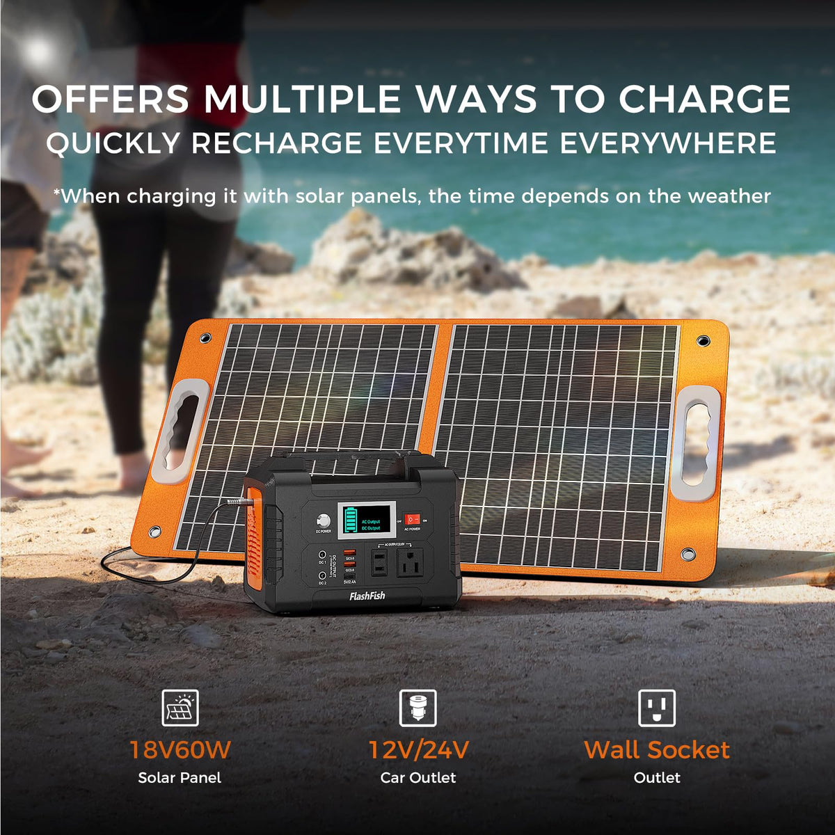 FF Flashfish 151Wh battery supports wall, car, or solar charging.