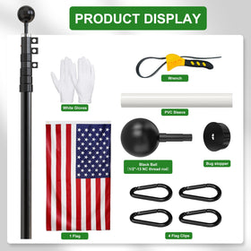 FFILY package includes pole, wrench, PVC sleeve, US flag, clips, and topper.