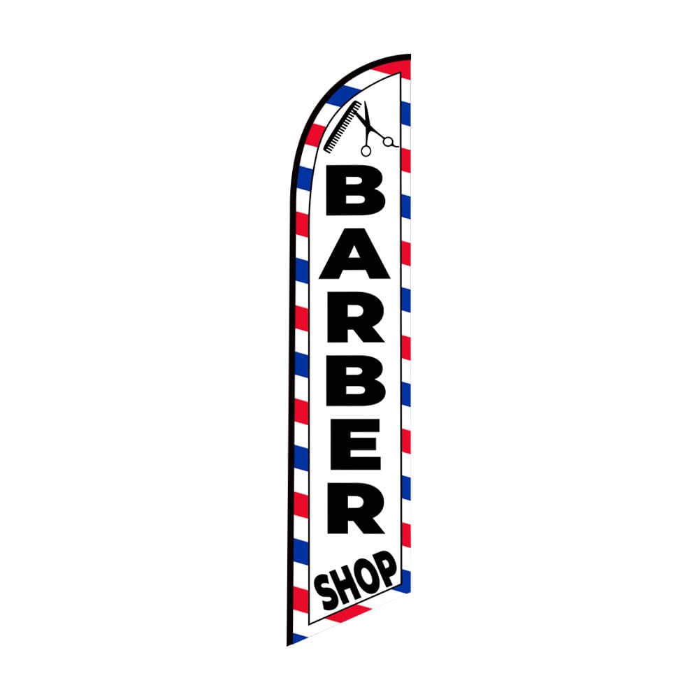 FFN Barber Shop feather flag side view enhances outdoor branding at the entrance.
