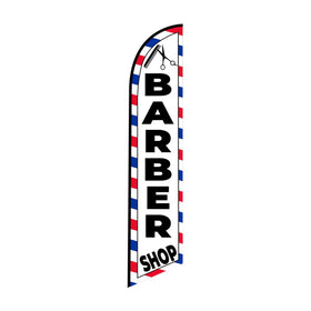 FFN Barber Shop feather flag side view enhances outdoor branding at the entrance.