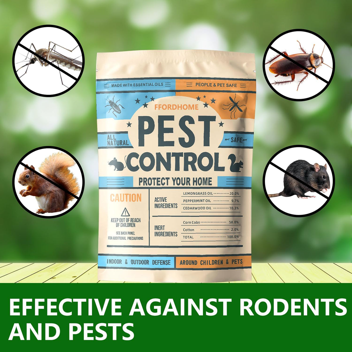 FfordHome pest-control pouches closeup shows peppermint oil scent for repelling pests.