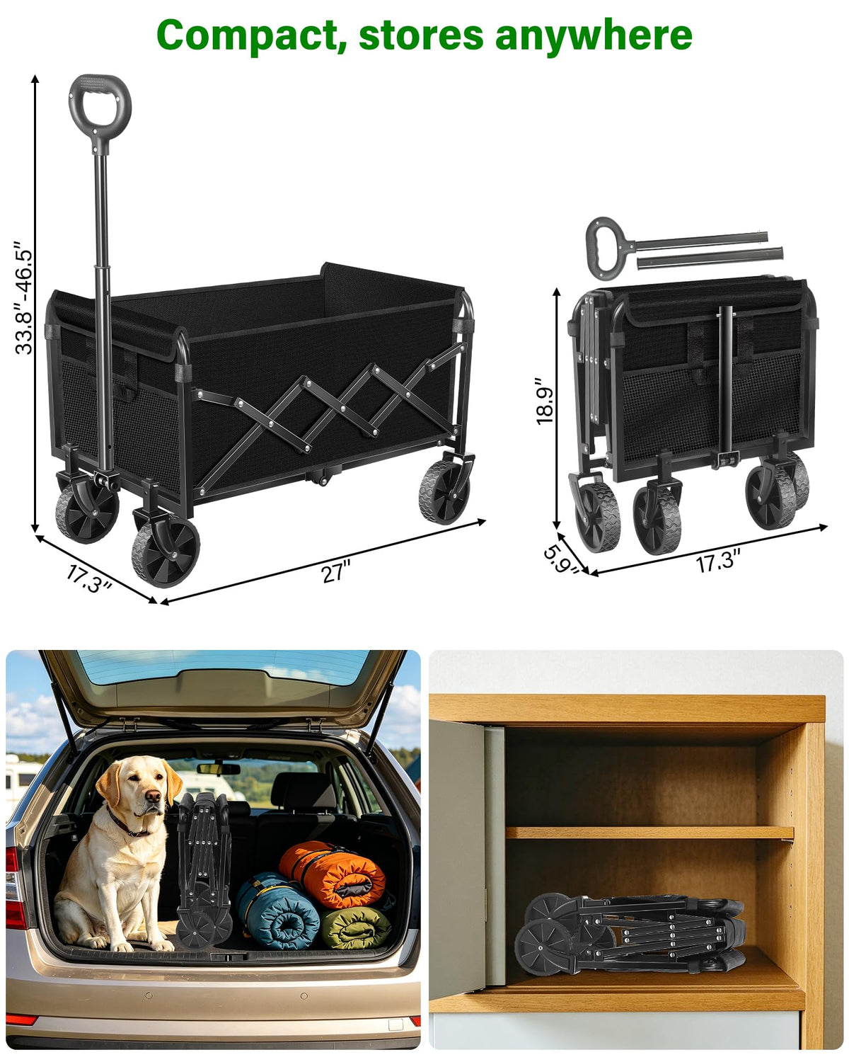 FFQ collapsible wagon open shows full-size cargo capacity.