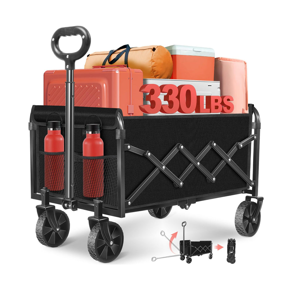 FFQ Folding Wagon with 360° wheels glides over rough terrain for easy transport