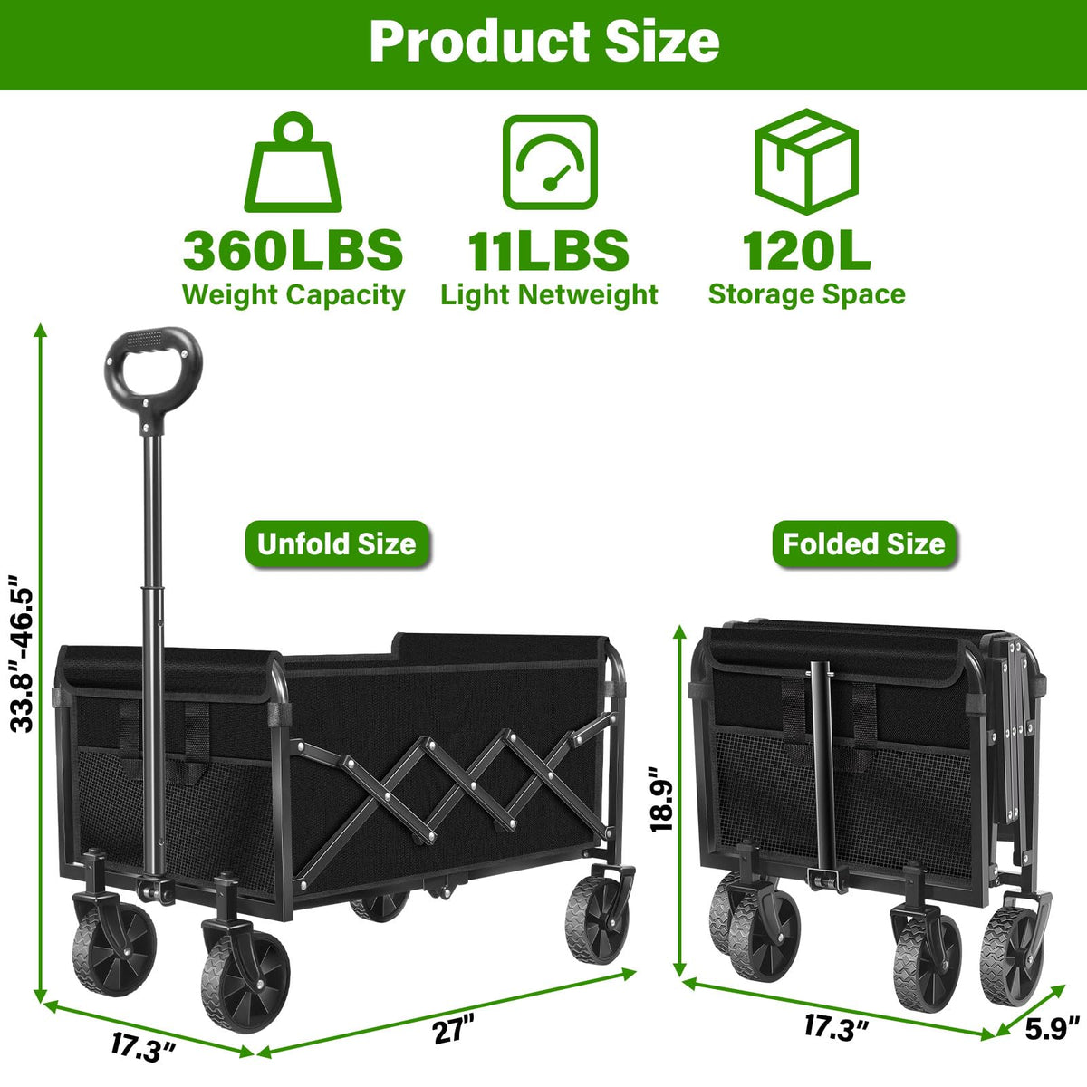 FFQ folding wagon adjustable handle enables smooth steering on varied surfaces