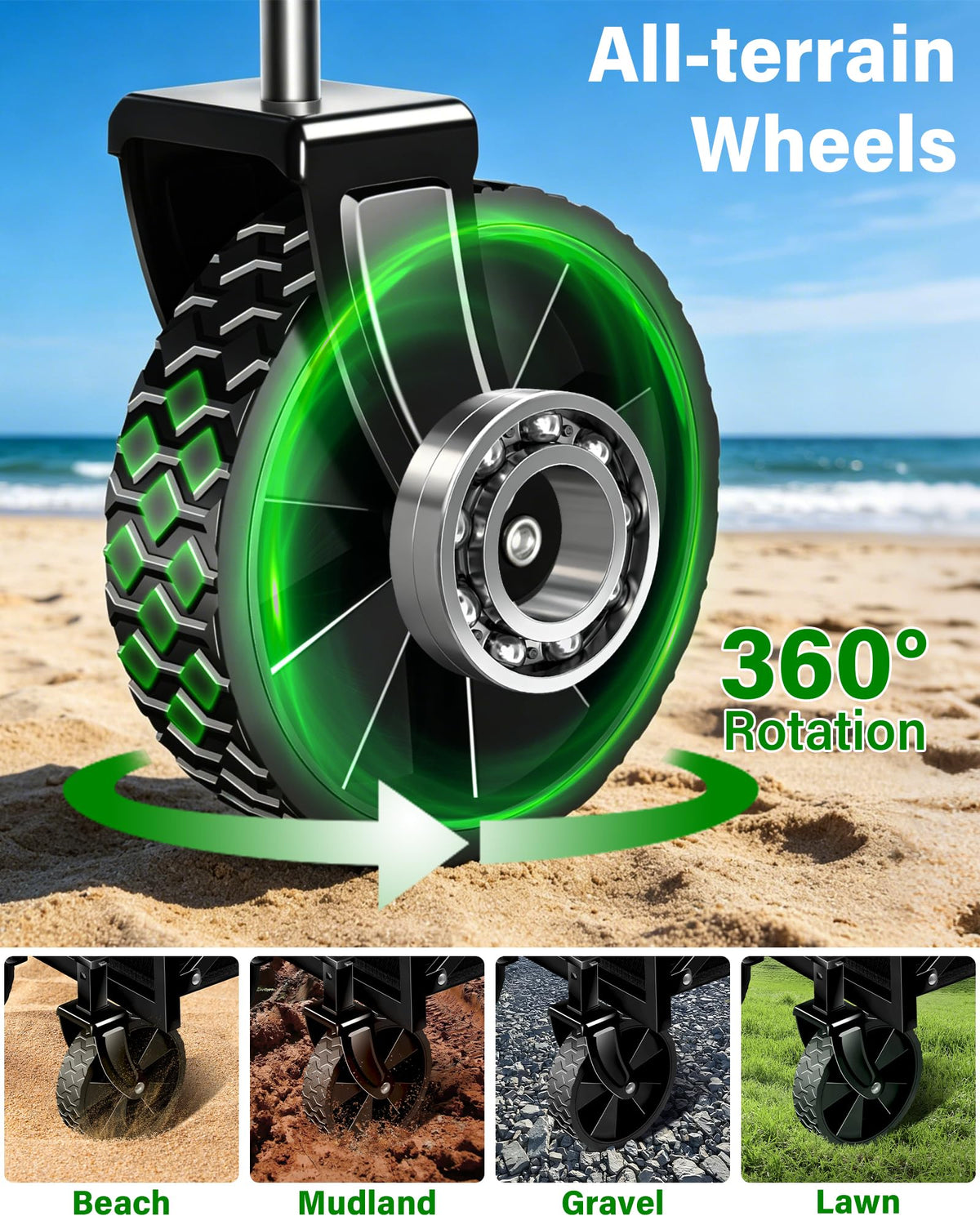 FFQ folding wagon with wheels demonstrates easy mobility.