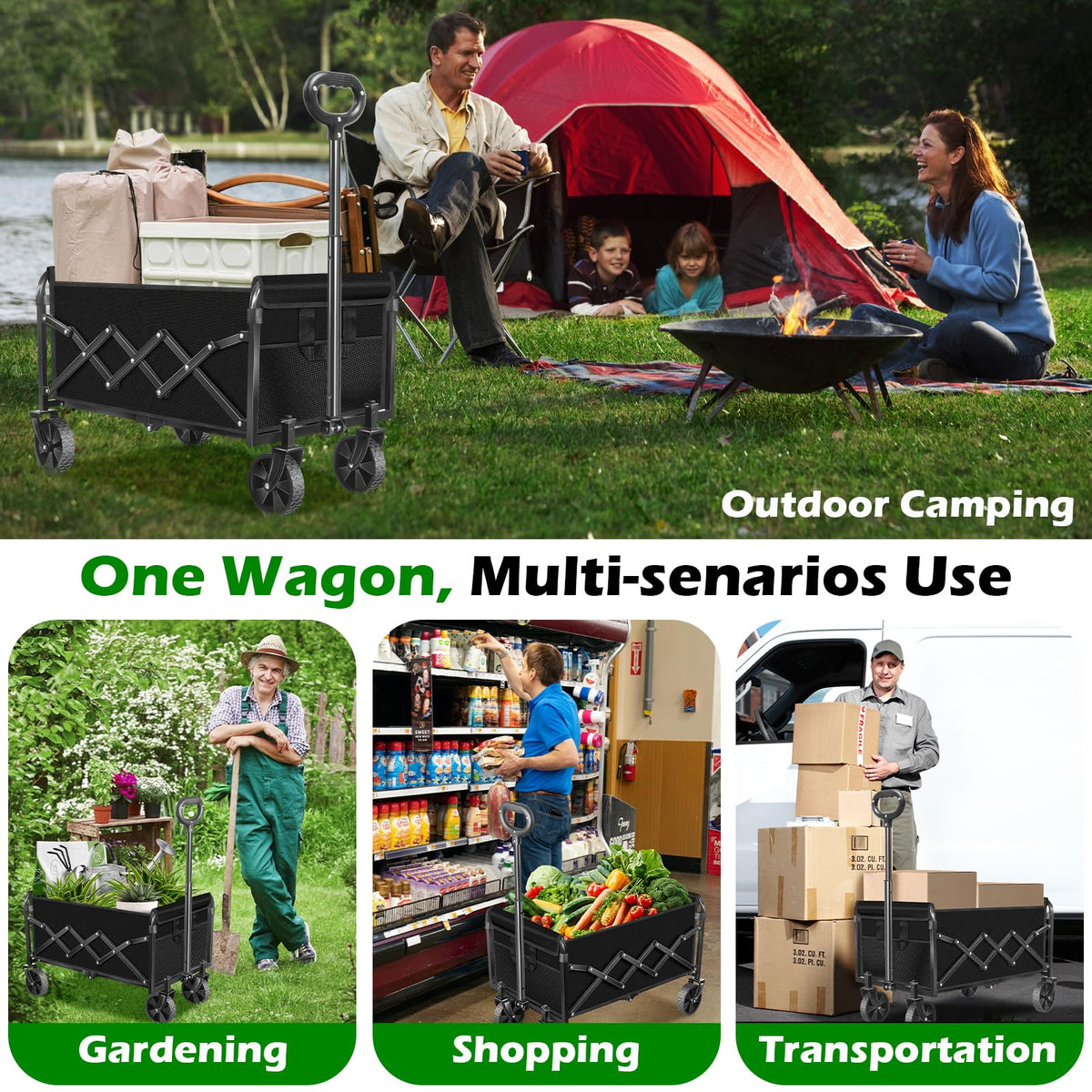 FFQ outdoor wagon in beach or garden setting.