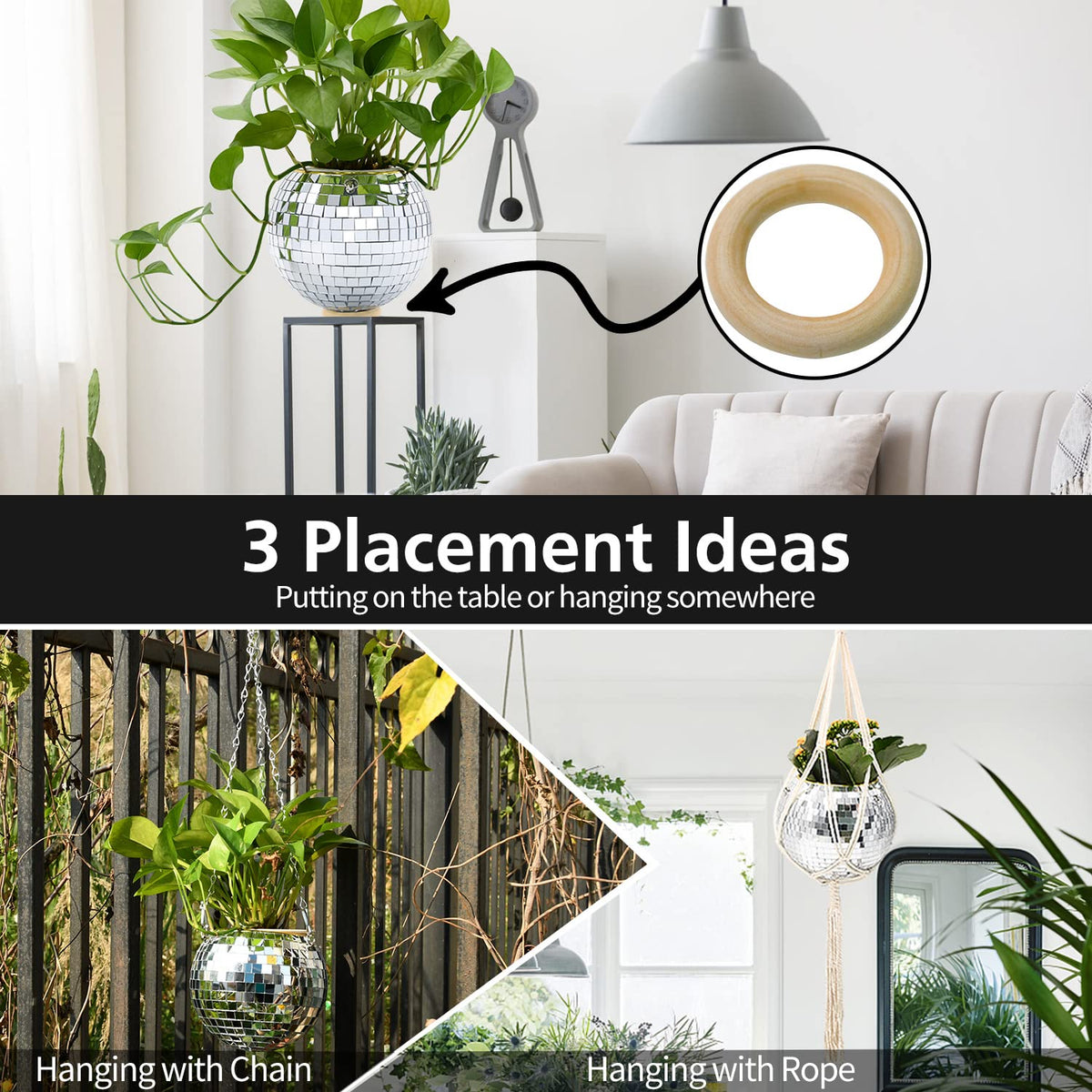 FGBNM disco ball planter chain option allows ceiling or beam suspensions.