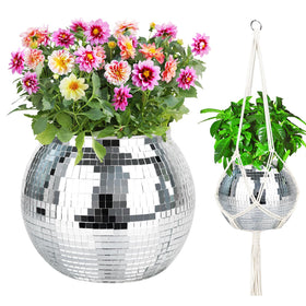 FGBNM disco ball planter with hanging rope for dramatic decor.