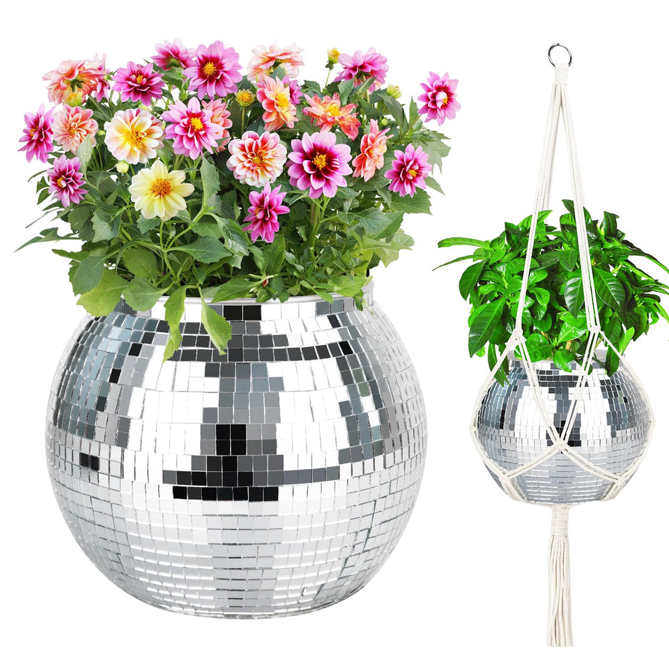 FGBNM disco ball planter with hanging rope for dramatic decor.