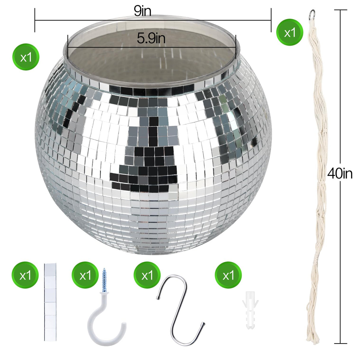 FGBNM disco ball planter kit includes rope and hooks for easy hanging.