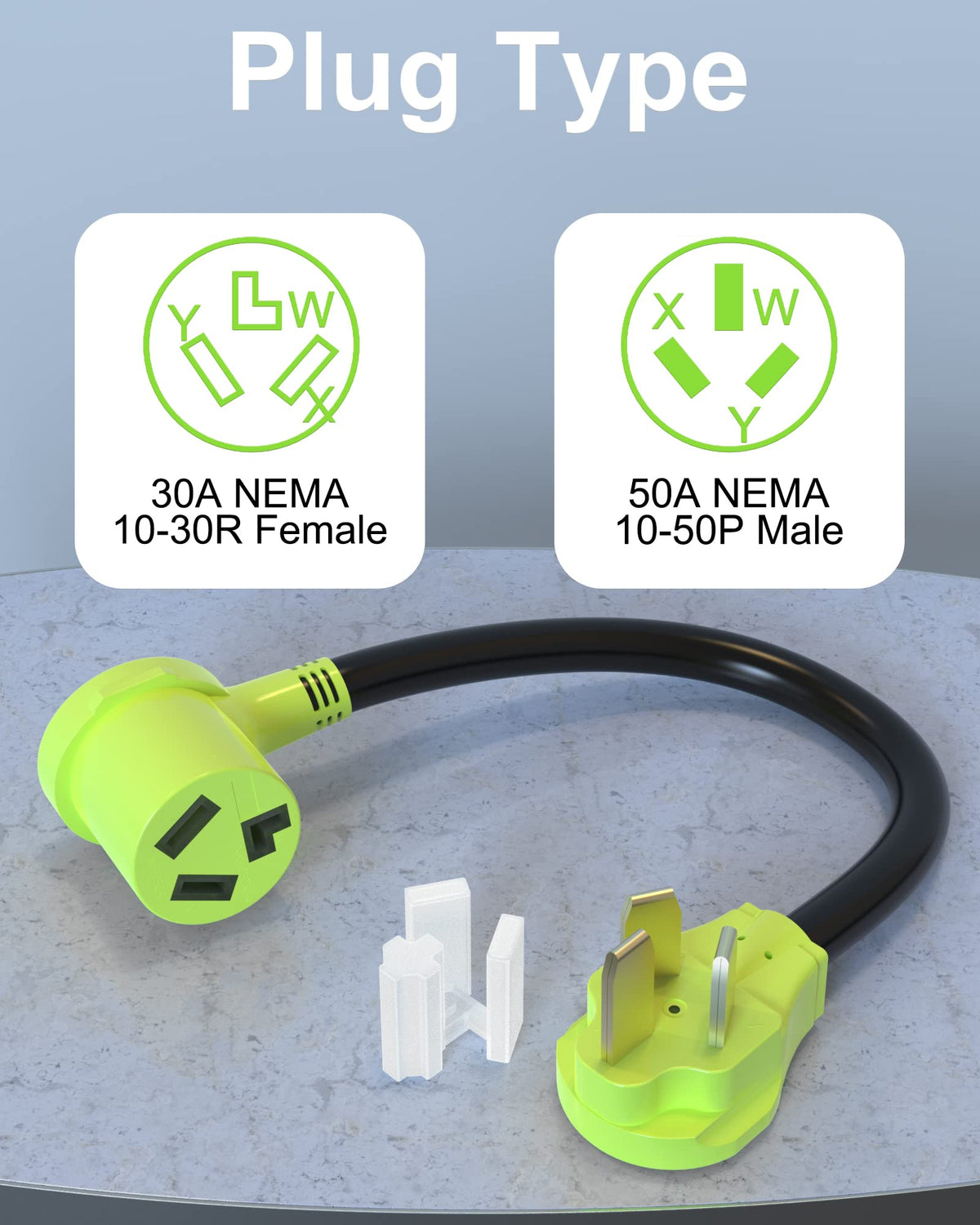 FGIEU dryer adapter 30A 10-30R female on the cord for versatile hookups.