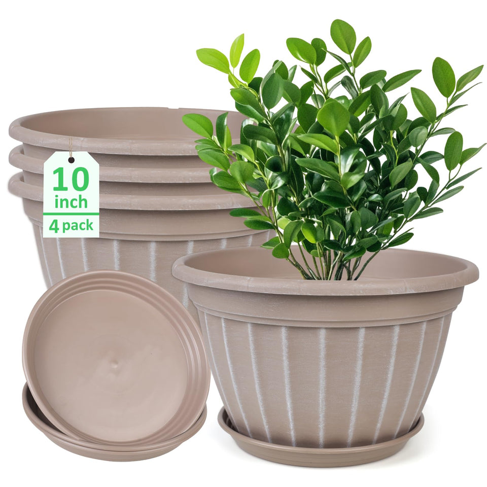FGstyle 10-inch beige plant pot with saucer for indoor and outdoor use.