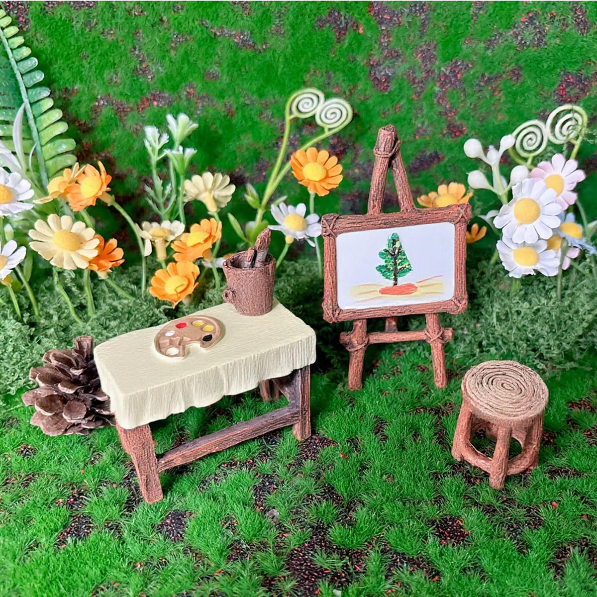 FHNQRQN Fairy Garden miniature furniture and decor arranged in a garden scene