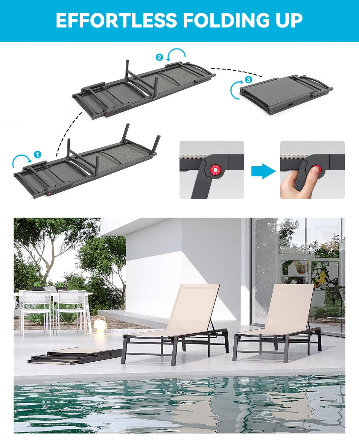 Folded FHVIT chaise lounge ready for compact storage