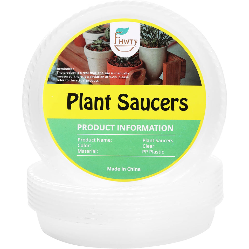 FHWTY 8-pack 5-inch clear plant saucer, top view, protects furniture from water.