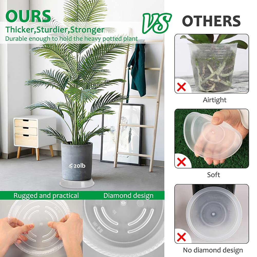 FHWTY 8-pack 5-inch clear plant saucer, under-pot view, keeps surfaces clean.
