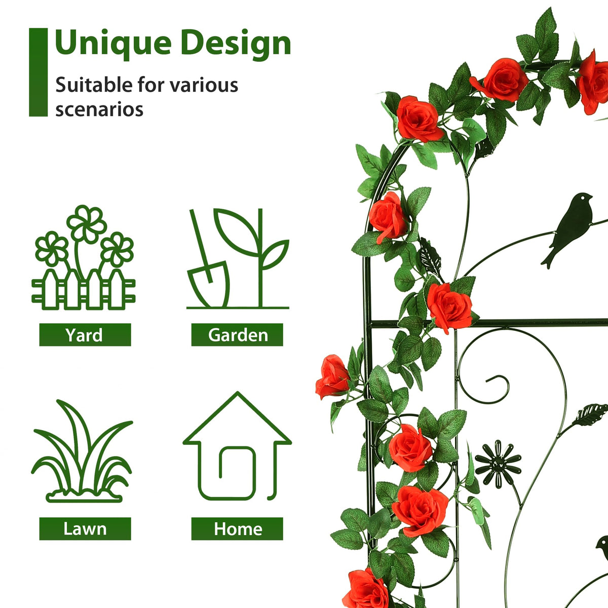 FHWTY decorative trellis with flowers, birds, and leaves adds charm.