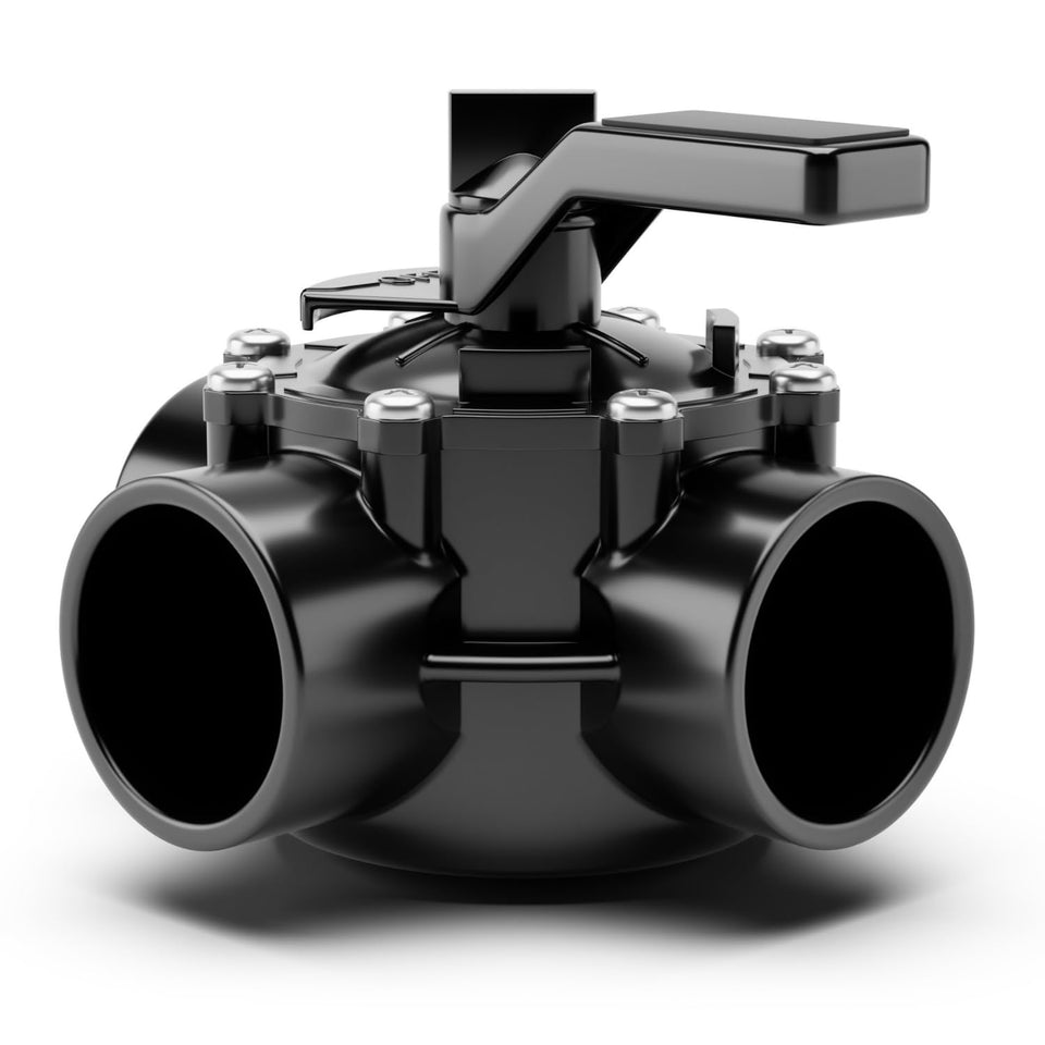 FibroPool 1 1/2-inch Posi-Close 3-way valve closeup highlighting lubeless seats for maintenance.