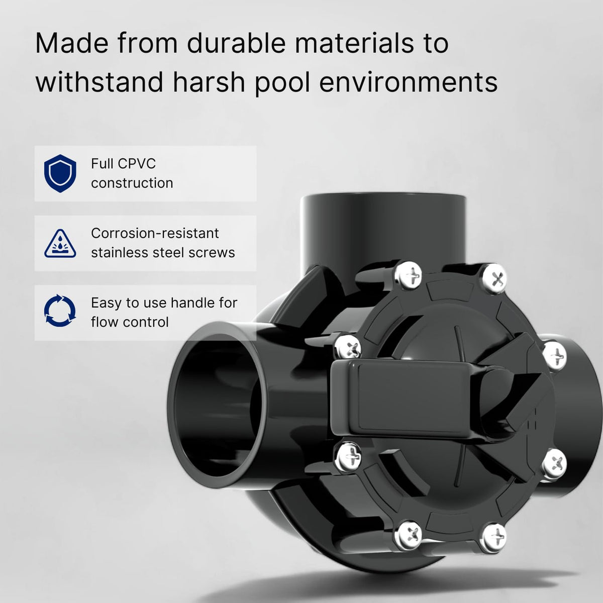 FibroPool 3-way valve shows slip ports for glue-in pipe installations.