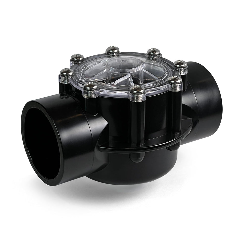 FibroPool 1.5 inch pool check valve side view showing backflow protection for pumps and heaters