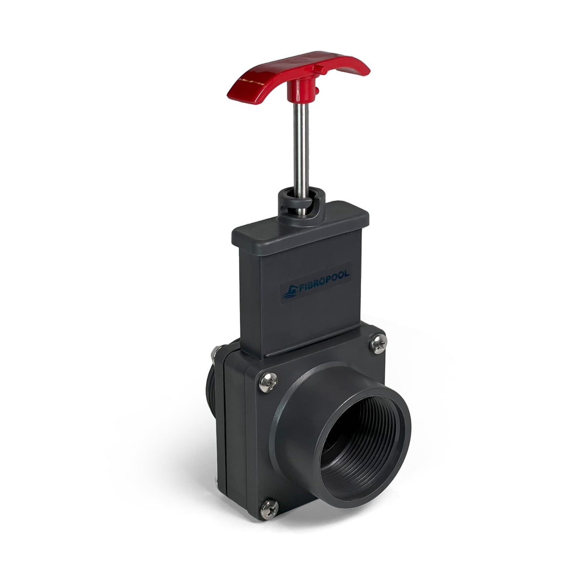 FibroPool 1.5-inch gate valve front view with dual threaded ends for easy installation.
