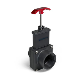 FibroPool 1.5-inch gate valve front view with dual threaded ends for easy installation.