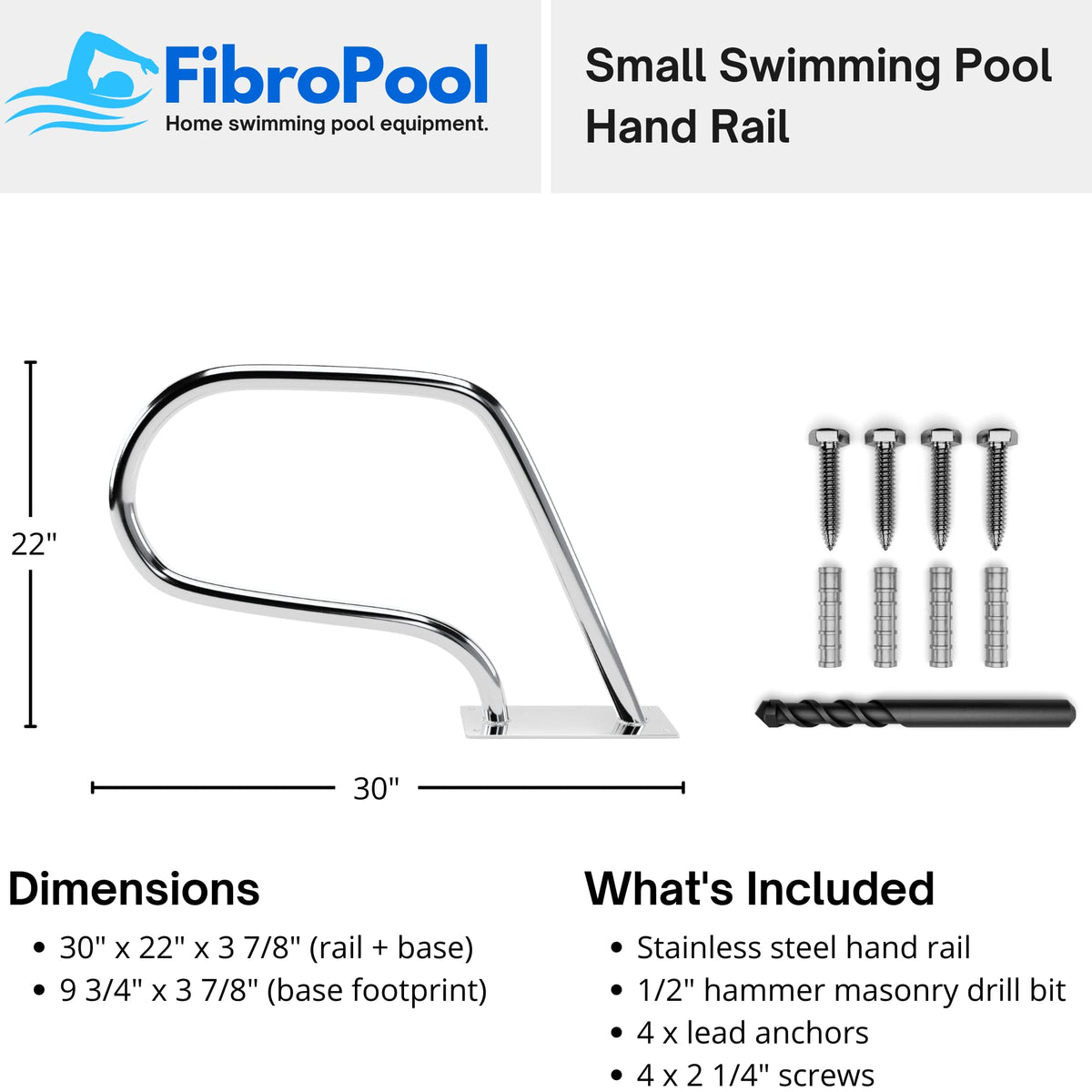 FibroPool 30in handrail side view demonstrates easy mounting on concrete or wood.